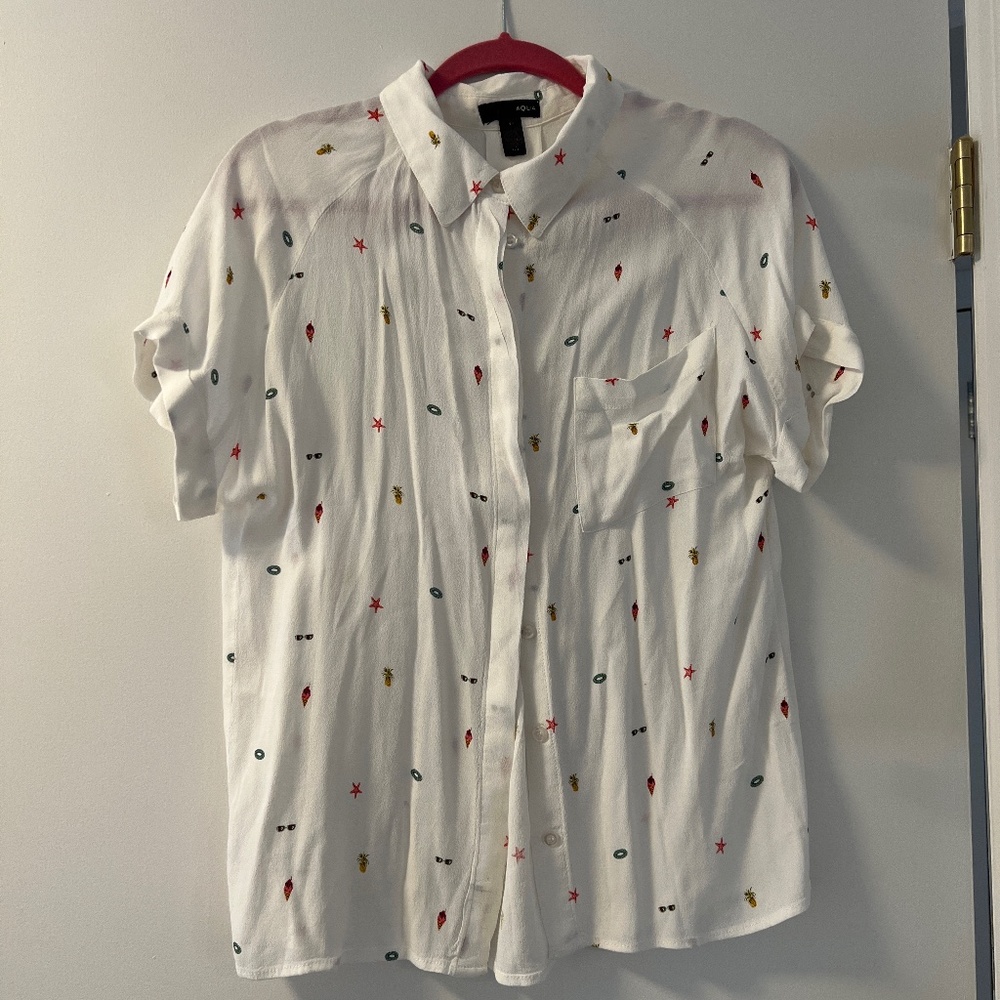 Aqua white button down with summer print